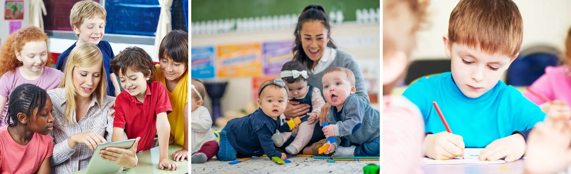 Man sieht Erzieherinnen mit (Klein-)Kindern