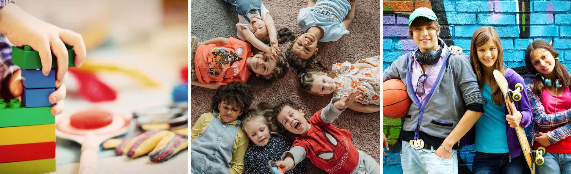 Man sieht Kinder, die im Kreis auf dem Boden liegen, Kinderhände mit Bauklötzen und Jugendliche