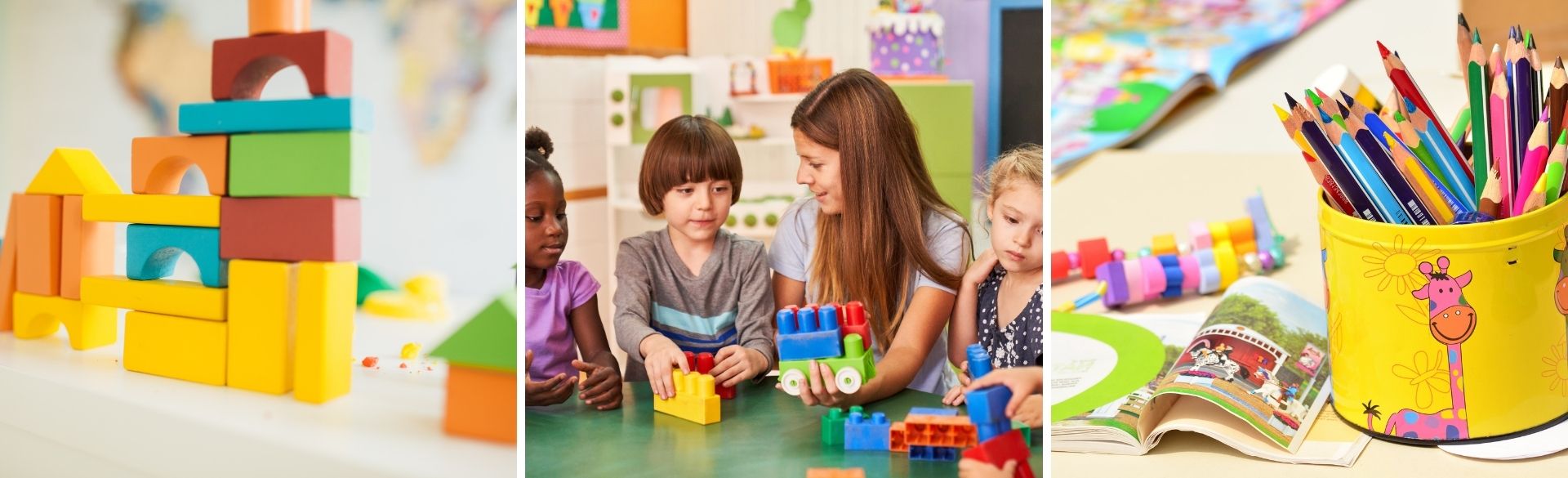 Man sieht eine Erzieherin, die mit Kindern mit Klemmbausteinen spielt, sowie Bauklötze und Stifte