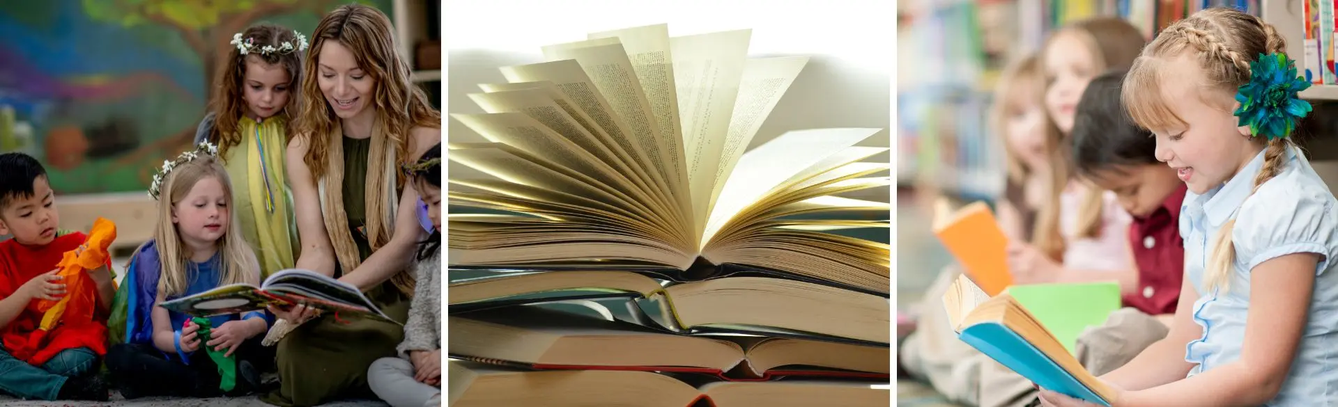 Man sieht eine Frau die vorliest, ein geöffnetes Buch, und Kinder die sich Bücher anschauen