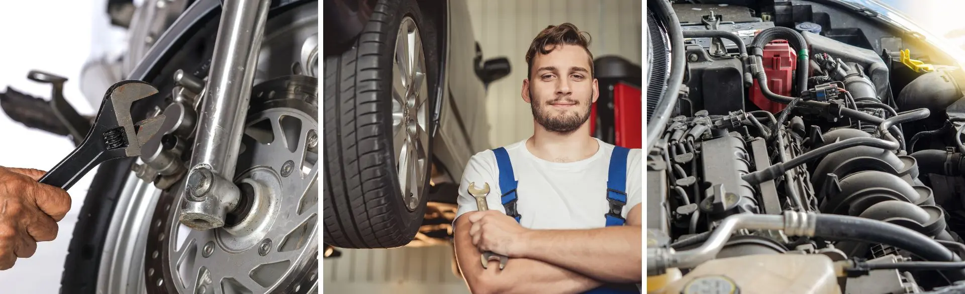 Man sieht einen Kfz-Mechatroniker, eine Auto-Motor und einen Reifen