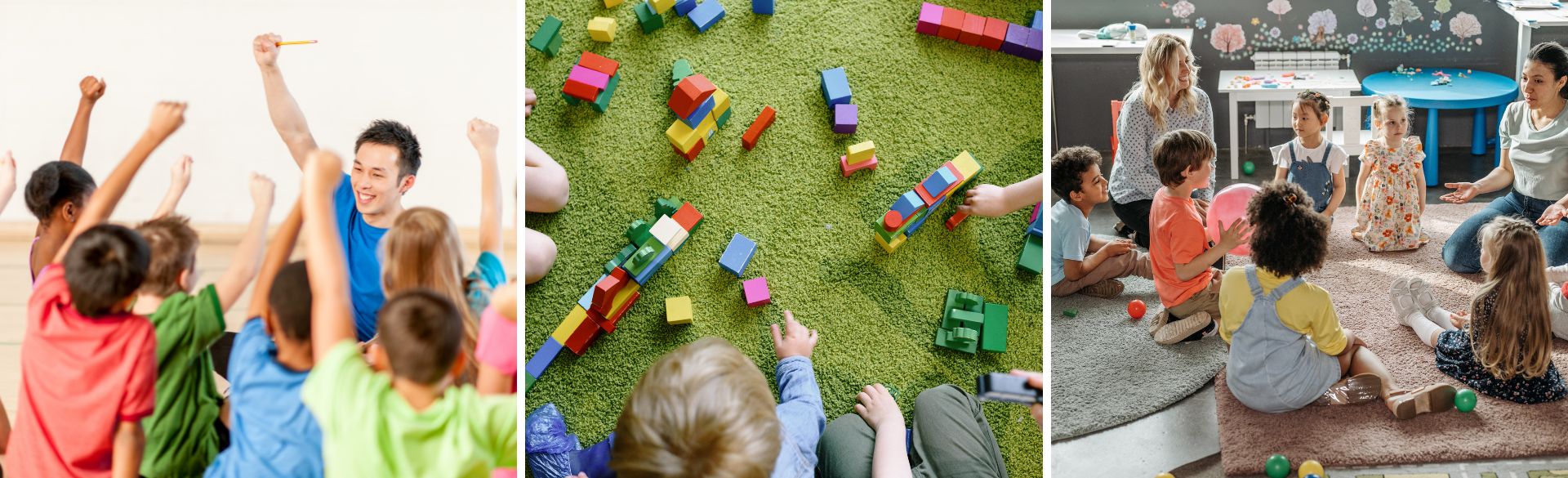 Man sieht einen Erzieher, der mit den Kinder spielt, Bauklötze und einen Sitzkreis