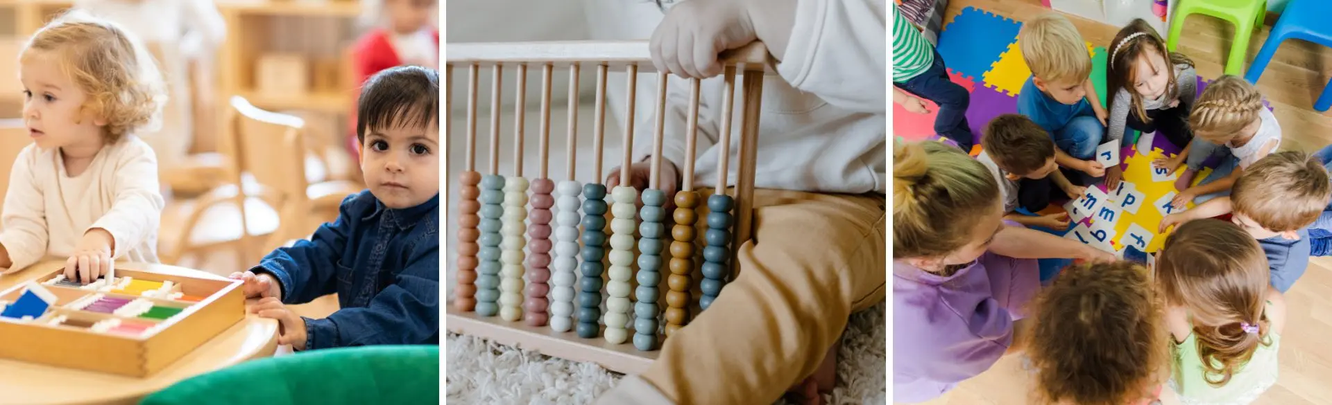 Man sieht Kinder die mit Buchstaben spielen, ein Kleinkind, das einen Abakus hält und Kinder im Kindergarten