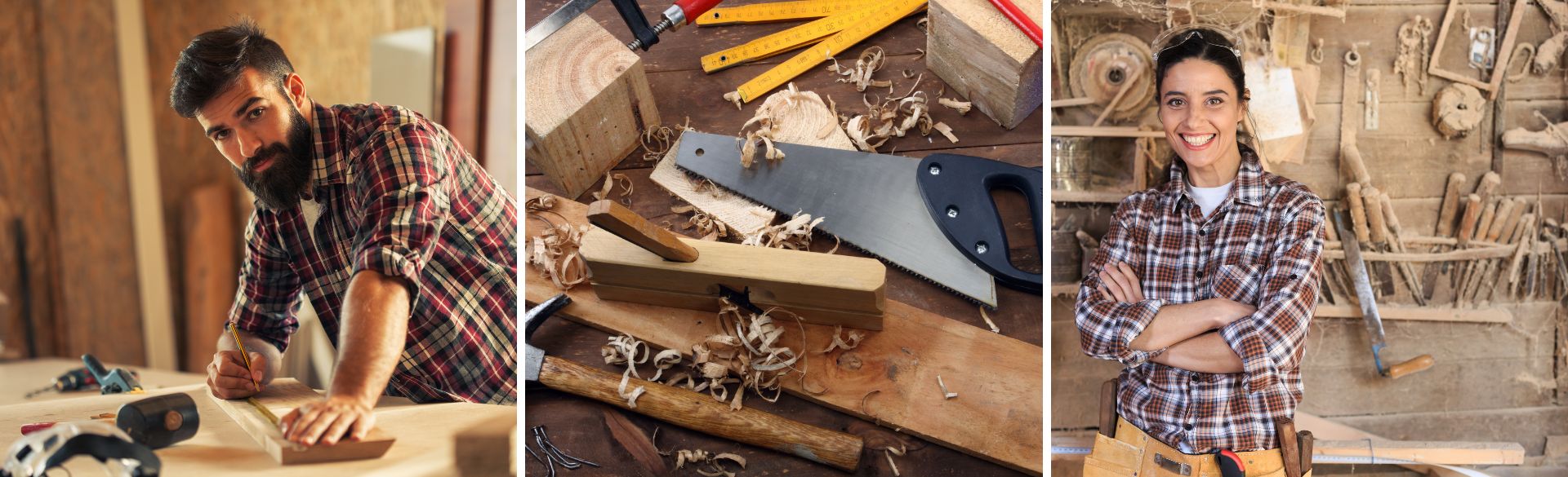 Man sieht Säge, Holz und Maßstab sowie einen Tischler und eine Tischlerin
