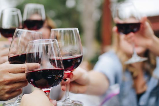 Gruppen stößt mit Rotwein an