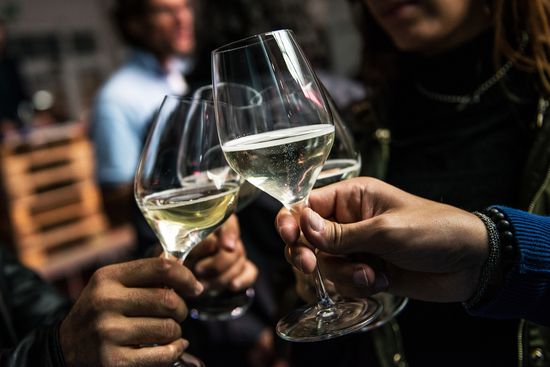 Gruppe stößt mit Wein an