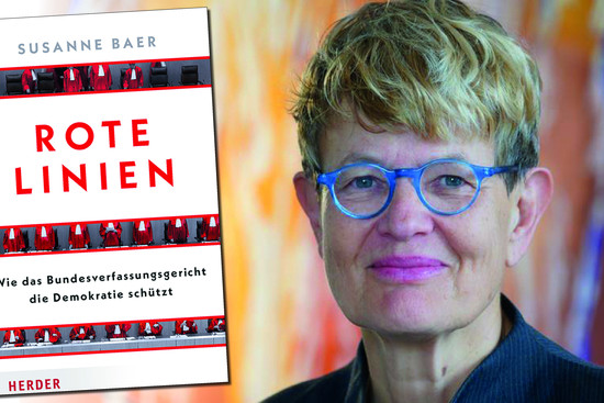 Autorin Susanne Baer und das Cover ihres Buches "Rote Linien", © Petra Rickert; Herder Verlag; vhs Heilbronn