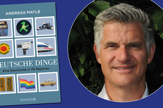 Autor Andreas Matlé und das Buchcover von "Deutsche Dinge", © privat; Verlagsgruppe Droemer Knaur; vhs Heilbronn